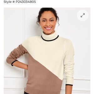 Talbots Cream and Brown Color Block Turtleneck Sweater